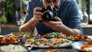 Fotógrafo realizando fotografía gastronómica de platos en restaurante