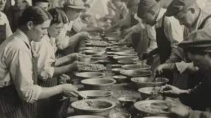 Fotografía antigua de un equipo de cocina trabajando en cadena, evocando la tradición y el storytelling gastronómico de un restaurante.