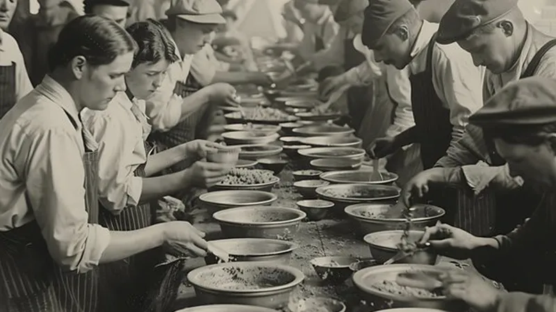 Fotografía antigua de un equipo de cocina trabajando en cadena, evocando la tradición y el storytelling gastronómico de un restaurante.
