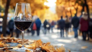Copa de vino tinto sobre una mesa con hojas de otoño, en una terraza de restaurante con gente paseando de fondo