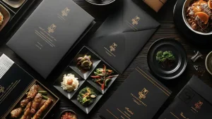 Cartas y bolsas de packaging negras con logo dorado junto a platos oscuros con comida gourmet, mostrando una identidad visual coherente en un restaurante